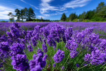 Obraz premium Vibrant lavender field blooming under a clear blue sky during daytime