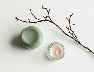Two small, light-colored cosmetic jars sit atop a white surface, accompanied by a twig with buds