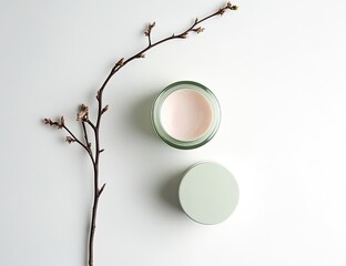 A light-pink cream jar, a light-green lid, and a delicate branch with buds rest on a white surface