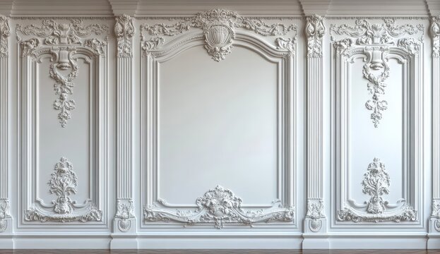 Naklejki Ornate white wall panels with intricate Rococo-style decorative moldings and floral motifs in a classic interior setting.