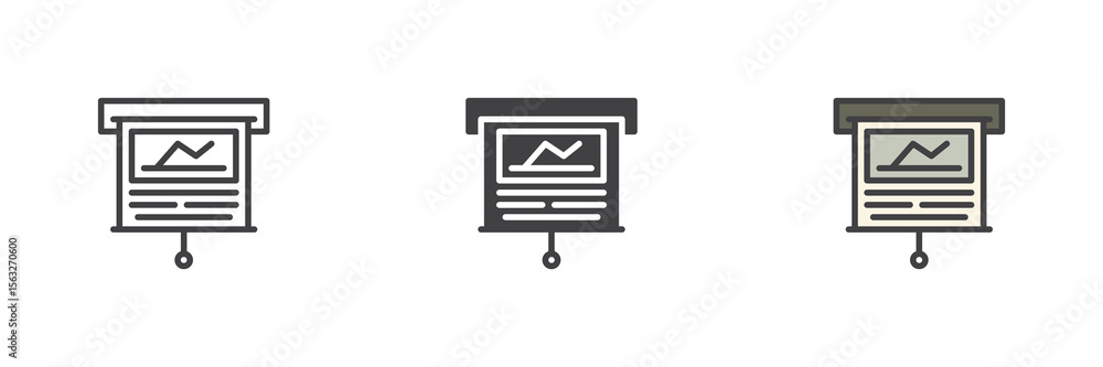Poster projector screen with graph icon set in line, solid and filled outline style