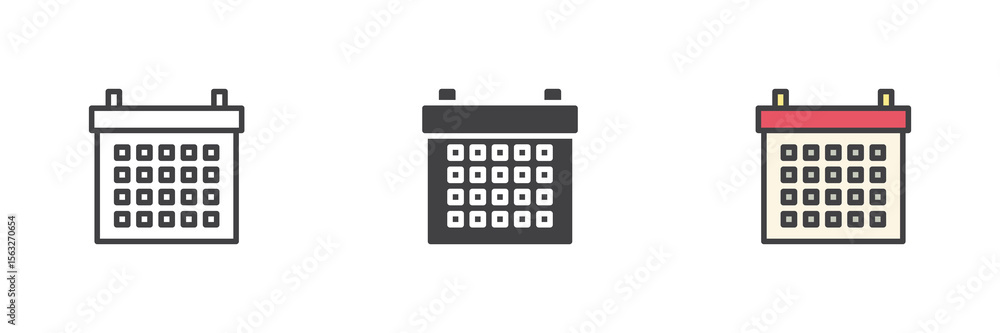 Poster calendar icon set in line, solid and filled outline style