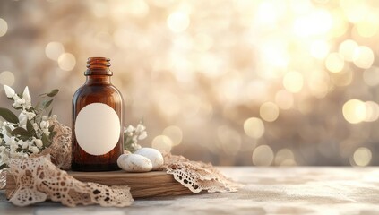A brown glass bottle with a blank label sits on a wooden platter, adorned with lace and white stones, amongst delicate white flowers, against a soft, bokeh background