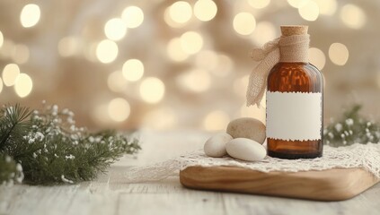 Amber glass bottle with blank label,  on wooden board,  with bokeh background