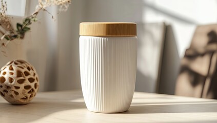 White ceramic travel mug with wooden lid on a light wooden table, natural light