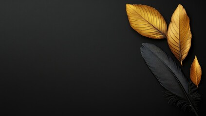 Golden and black leaves and feathers on a dark background