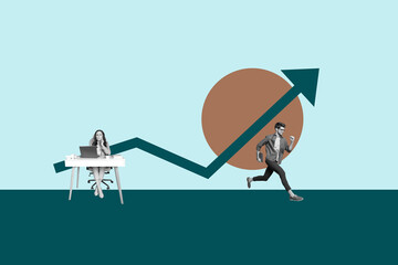 Image pop 3d zine full collage of happy businessman businesswoman stand arrow development career chance promotion employee