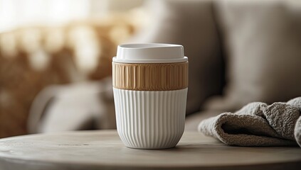 A white ceramic travel mug with a bamboo lid sits on a light wooden table, in front of a blurred beige couch and a dog