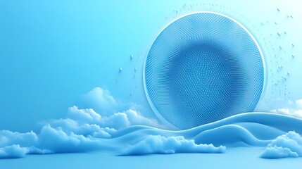 Abstract Blue 3D Background with Circular Mesh, Clouds and Flowing Waves for PPT Presentations