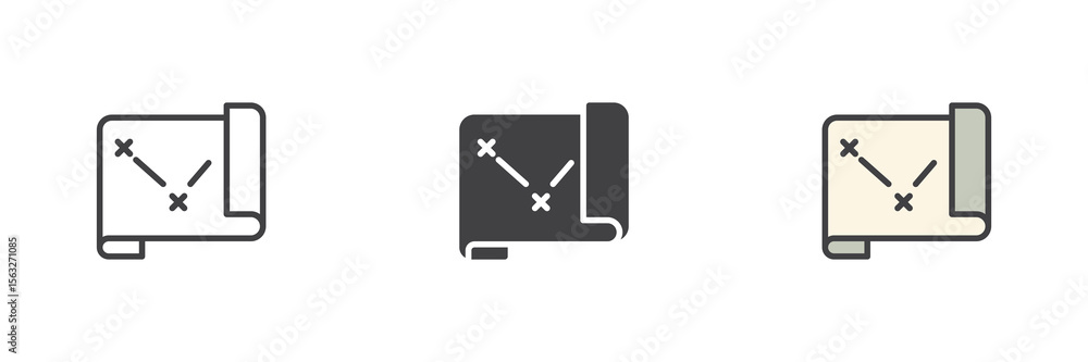 Poster treasure map icon set in line, solid and filled outline style