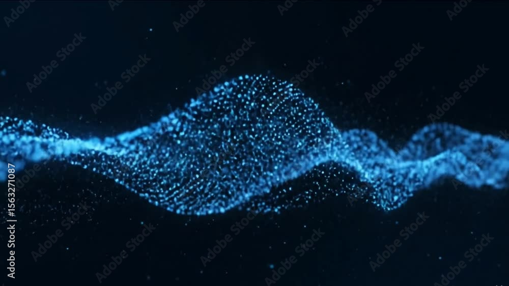 Poster abstract blue particle wave flowing and undulating on a dark background. ideal for technology, data,