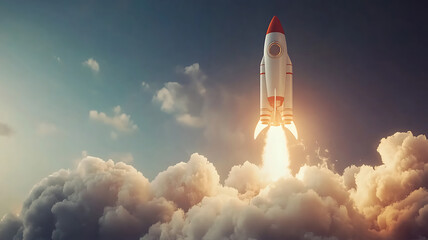 Fototapeta premium Rocket ship launching through clouds into the sky representing startup success and innovation adventure beginning