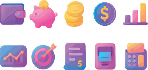 Collection of Modern Finance and Business Icons Representing Growth and Savings