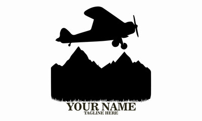 Airplane icon. Airplane logo design, airplane on a mountain vector illustration, small plane icon and small plane silhouette vector style