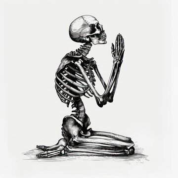 Praying skeleton in kneeling position