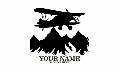 Airplane icon. Airplane logo design, airplane on a mountain vector illustration, small plane icon and small plane silhouette vector style