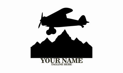 Airplane icon. Airplane logo design, airplane on a mountain vector illustration, small plane icon and small plane silhouette vector style