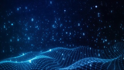 Abstract Digital Landscape with Glowing Binary Code and Waves
