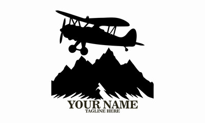 Airplane icon. Airplane logo design, airplane on a mountain vector illustration, small plane icon and small plane silhouette vector style