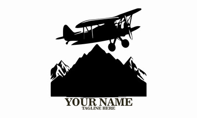 Airplane icon. Airplane logo design, airplane on a mountain vector illustration, small plane icon and small plane silhouette vector style