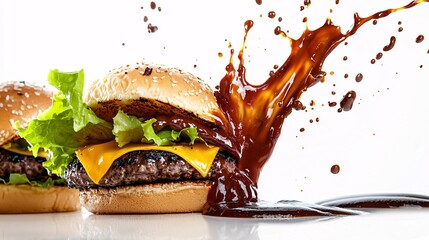 Sauces splashing onto a perfectly grilled burger, creating dynamic contrasts with fresh lettuce and cheese, isolated on a white background,