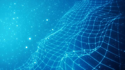 Abstract Digital Landscape with Glowing Grid and Stars in Blue