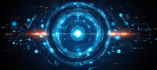 Obraz premium Futuristic Interface Design with Glowing Dome Shield and HUD Elements on a Blue Background