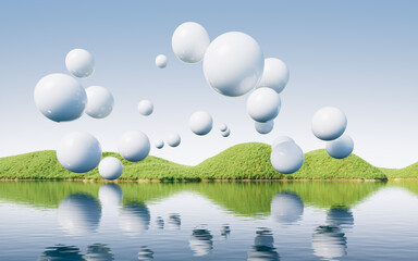 Floating spheres over the lake in the nature, 3d rendering.