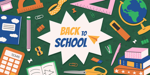 Back to school banner template. Education background with hand drawn elements. Blackboard and school supplies. Globe, rulers, book, pencils, doodle. Vector design for card, poster, flyer, sale