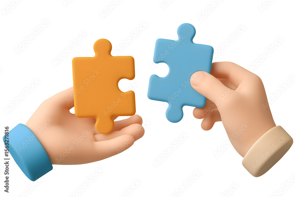 Poster cartoon hands connect puzzle pieces. black background hints at teamwork & problem-solving metaphors