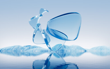 Glass geometries over the lake in the nature, 3d rendering.