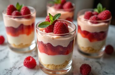 Gourmet layered desserts in avant-garde glassware. Fruit purees, silky creams, sponge cake arranged with high-contrast lighting. Desserts with fresh raspberries, mint garnish. Modern culinary