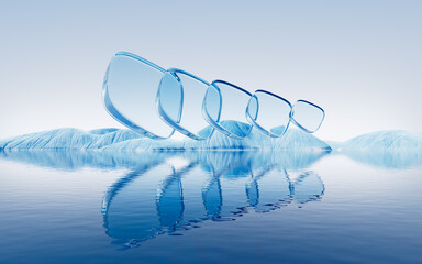Glass geometries over the lake in the nature, 3d rendering.