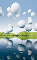 Floating spheres over the lake in the nature, 3d rendering.
