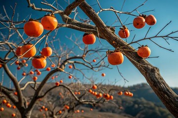 Orange Persimmons Hanging from Leafless Trees Against Blue Sky