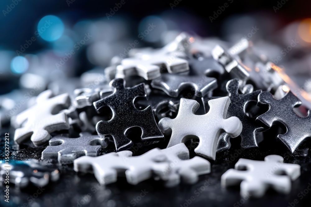 Poster puzzle pieces scattered on a table with a blurred background creating a vibrant atmosphere