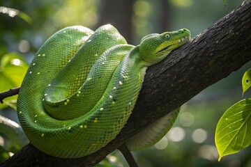 Lush Green Snake Coiled on Tree Branch in Natural Habitat