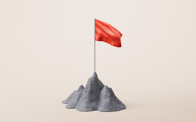 Rock mountain with a flag on it, 3d rendering.