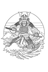 Samurai Warrior in Ocean Waves – Black and White Traditional Japanese Ink Illustration