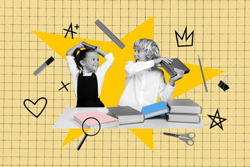 Composite photo collage of happy classmates girl guy wear uniform sit desk hold book education...