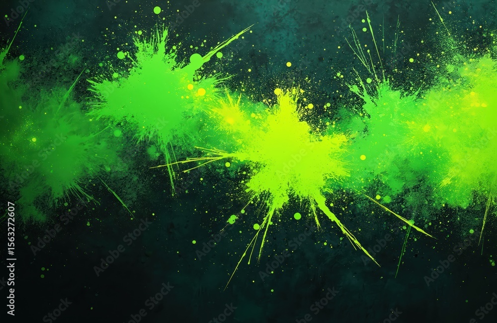 Poster neon green splatter paint texture on dark background. dynamic splatters, grunge effect. bright contr