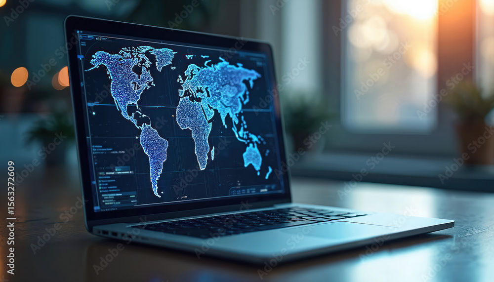 Poster Laptop displaying global data networking concept. Digital world map on screen, global internet connection, digital technology, worldwide business networks online data, communication. Information