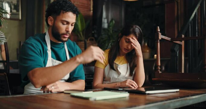 Stress, business owner and team with people in cafe for late delivery schedule, worry and stock order. Burnout, restaurant manager and barista fail with employees in coffee shop for discussion