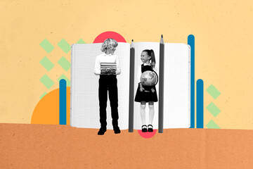 Full 3d art trend collage of happy preteen schoolboy schoolgirl hold book globe back to school...