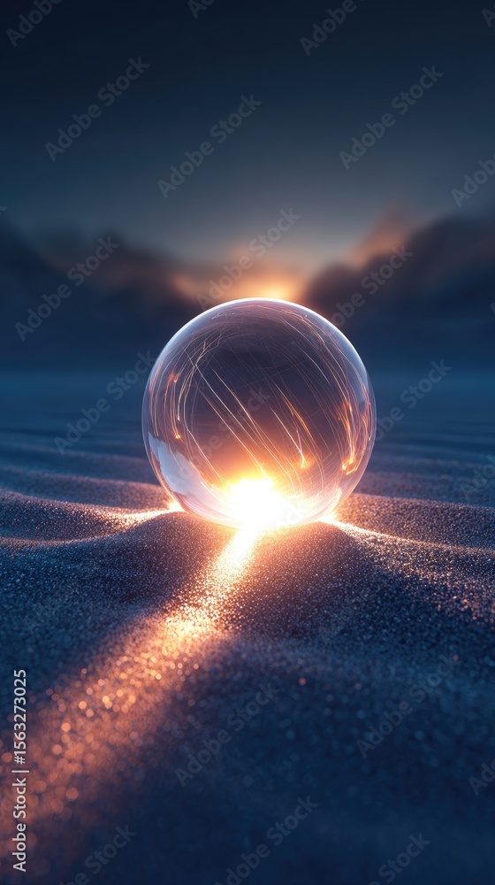 Poster a luminous sphere rests on a textured surface.