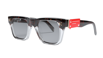Modern sunglasses with digital social media notification overlay, 3D render, floating on white PNG