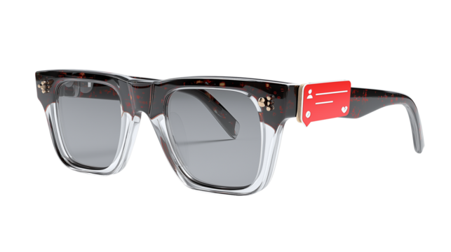 Modern sunglasses with digital social media notification overlay, 3D render, floating on white PNG