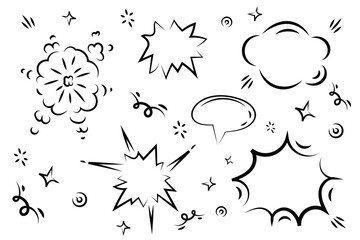 Assortment of cartoonish elements speech bubbles explosions stars and swirls