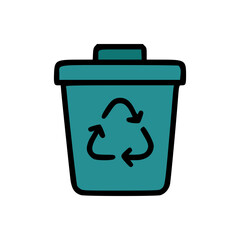 Minimalist Cartoon Blue Trash Can with Recycle Arrows Icon on Clean White Background