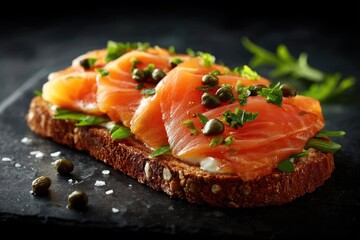 Smoked salmon appetizer on toasted bread.